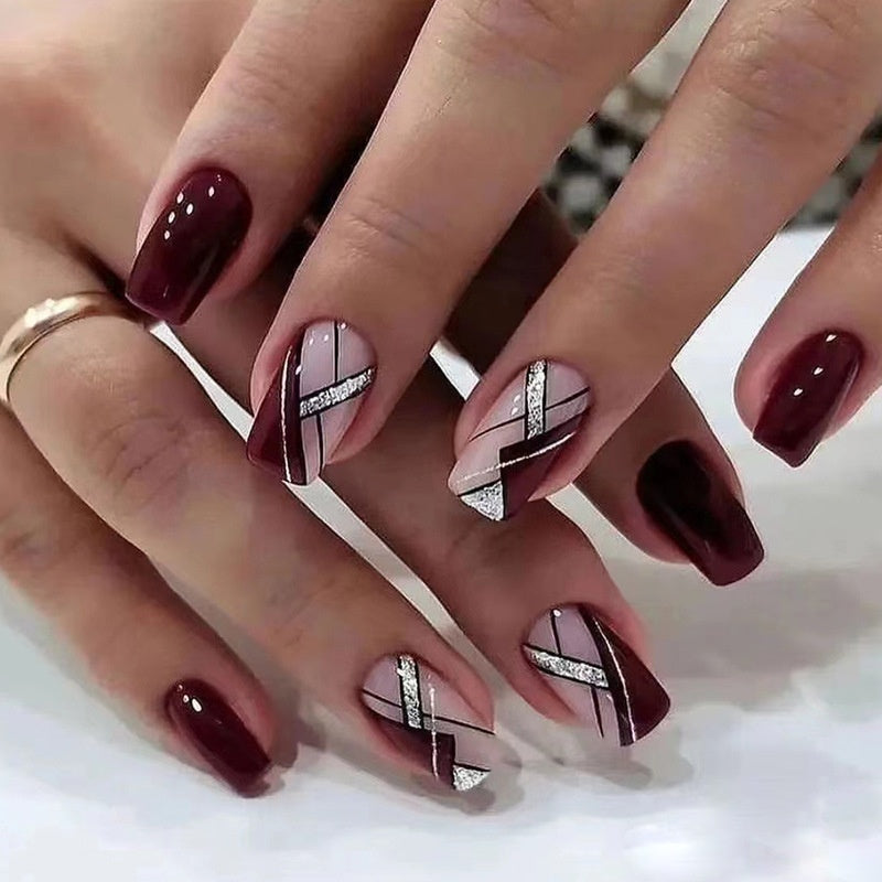 Brown & Pink with Silver Nail Tip Simple Removable Nails