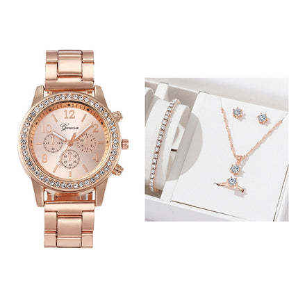 Elegant Crystal Diamond Quartz Watch For Women With Jewellery Set