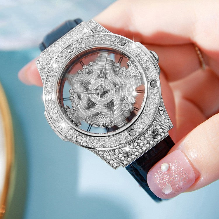 Elegant Diamond Pendant Hollow Out Stars With Leather Strap Wrist Watch For Women