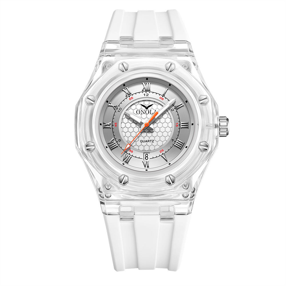 Fashion Neutral Transparent Case Silicone Strap With Luminous Quartz Watch For Women