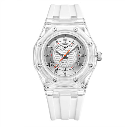 Fashion Neutral Transparent Case Silicone Strap With Luminous Quartz Watch For Women