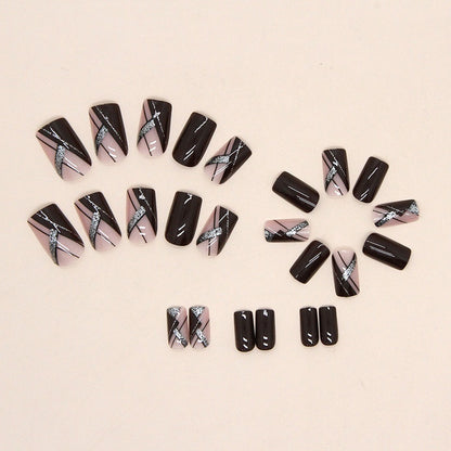 Brown & Pink with Silver Nail Tip Simple Removable Nails