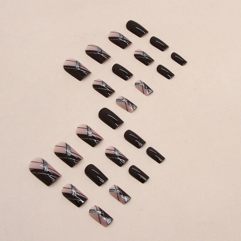 Brown & Pink with Silver Nail Tip Simple Removable Nails