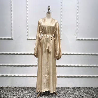 Lavish Plain Satin Shining Silk like With Puff Sleeve Abaya (Burkha,kaftans) For Women