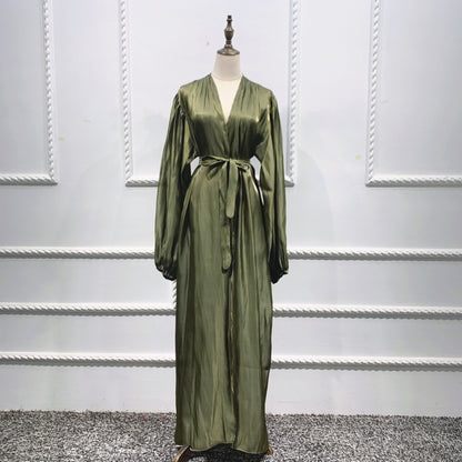 Lavish Plain Satin Shining Silk like With Puff Sleeve Abaya (Burkha,kaftans) For Women
