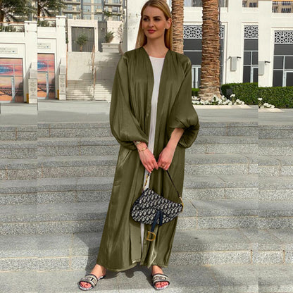 Lavish Plain Satin Shining Silk like With Puff Sleeve Abaya (Burkha,kaftans) For Women